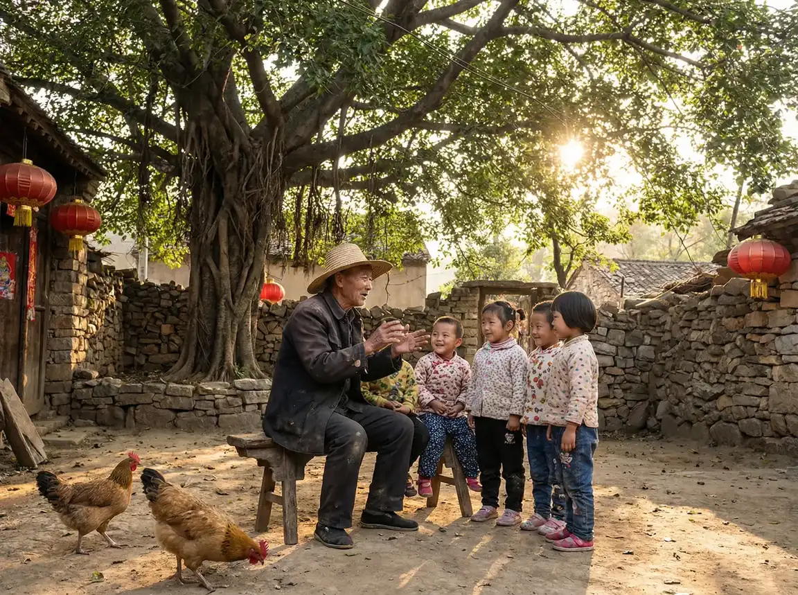 老人在大榕树下给孩子们讲故事 - 第一次的人妻 乡村记忆